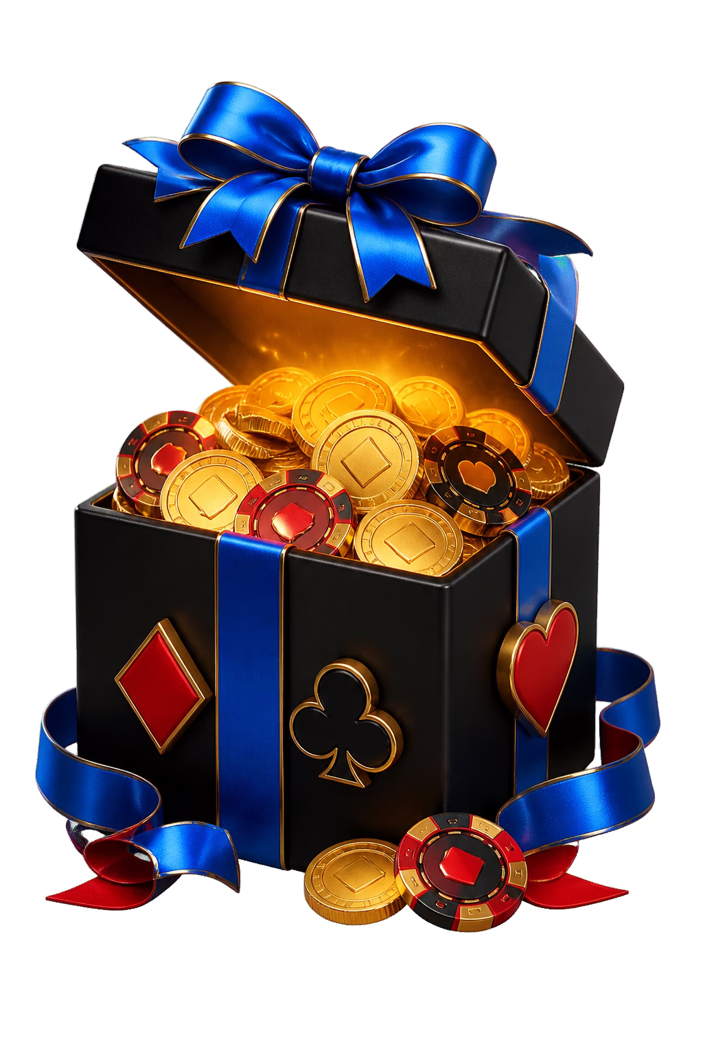 Black gift box with gold ribbon and casino chips