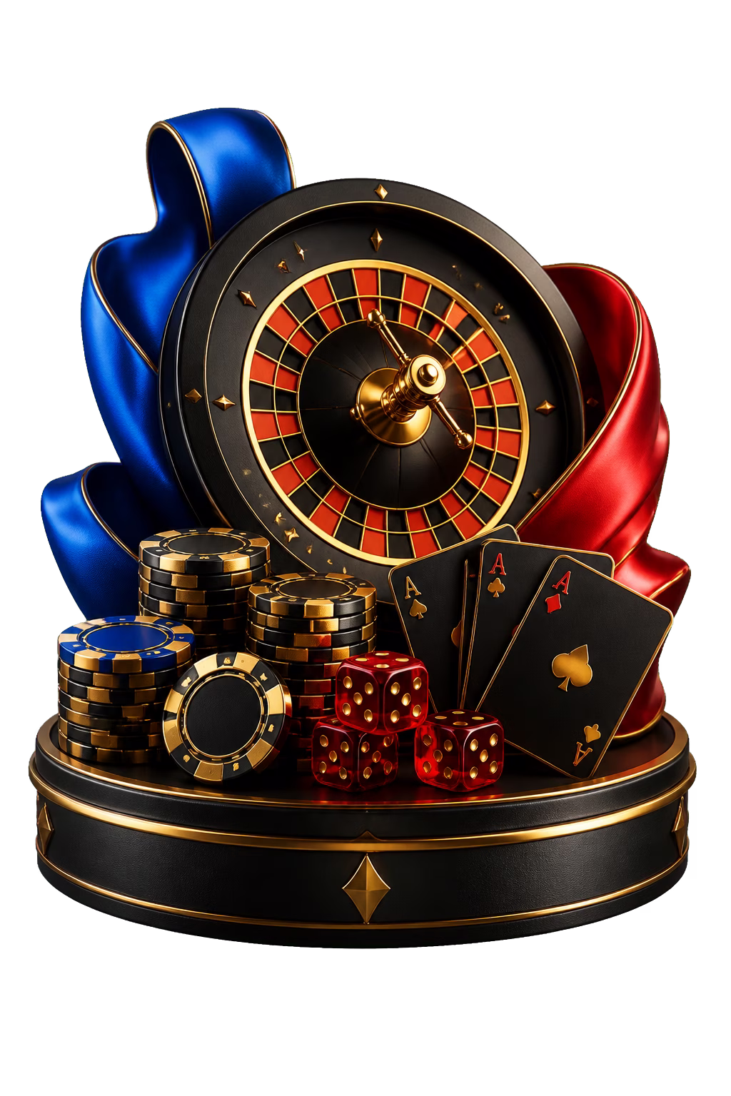 Black and gold roulette wheel, playing cards and dice