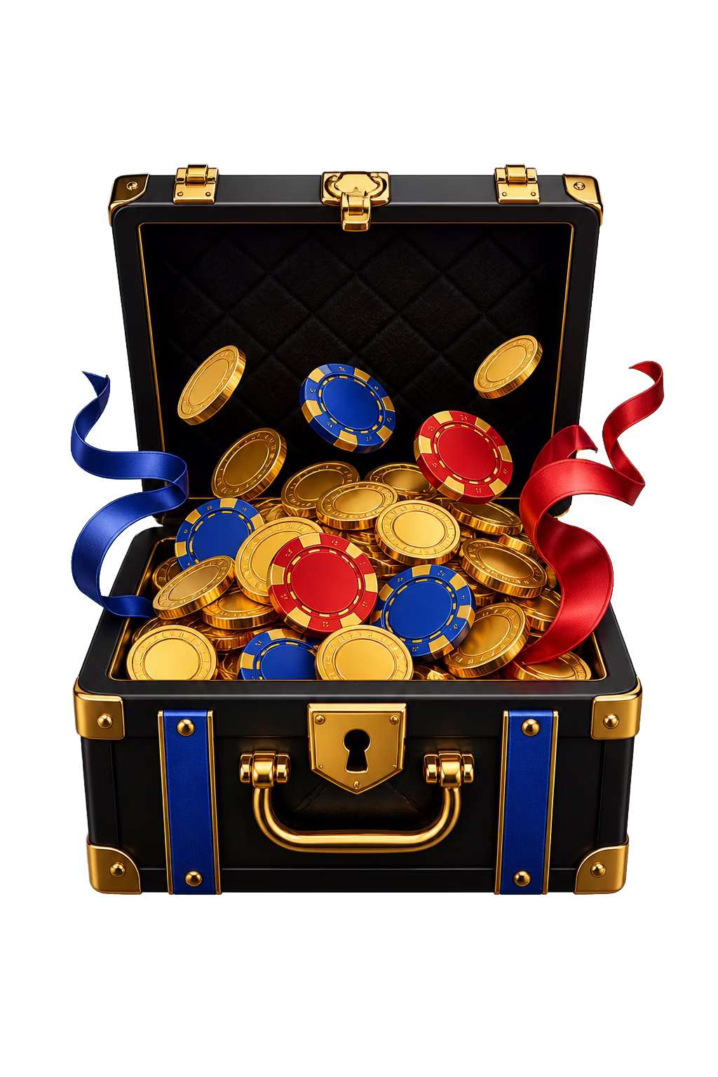 Black treasure chest with a casino chip and gold ribbon