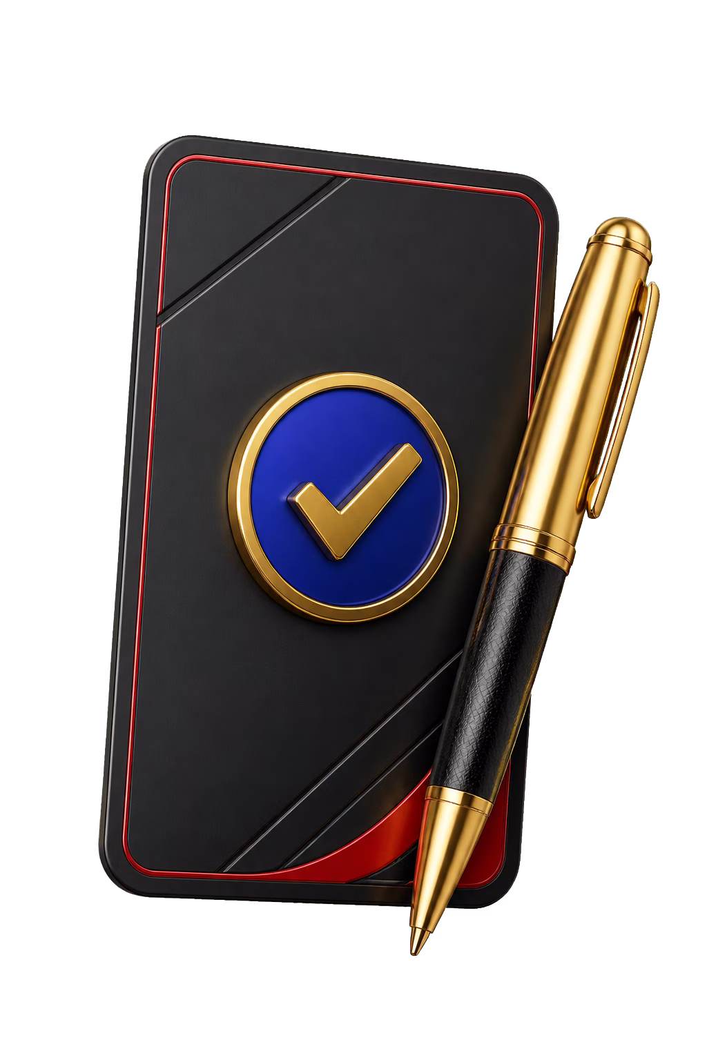 Black membership card with a gold check mark and pen