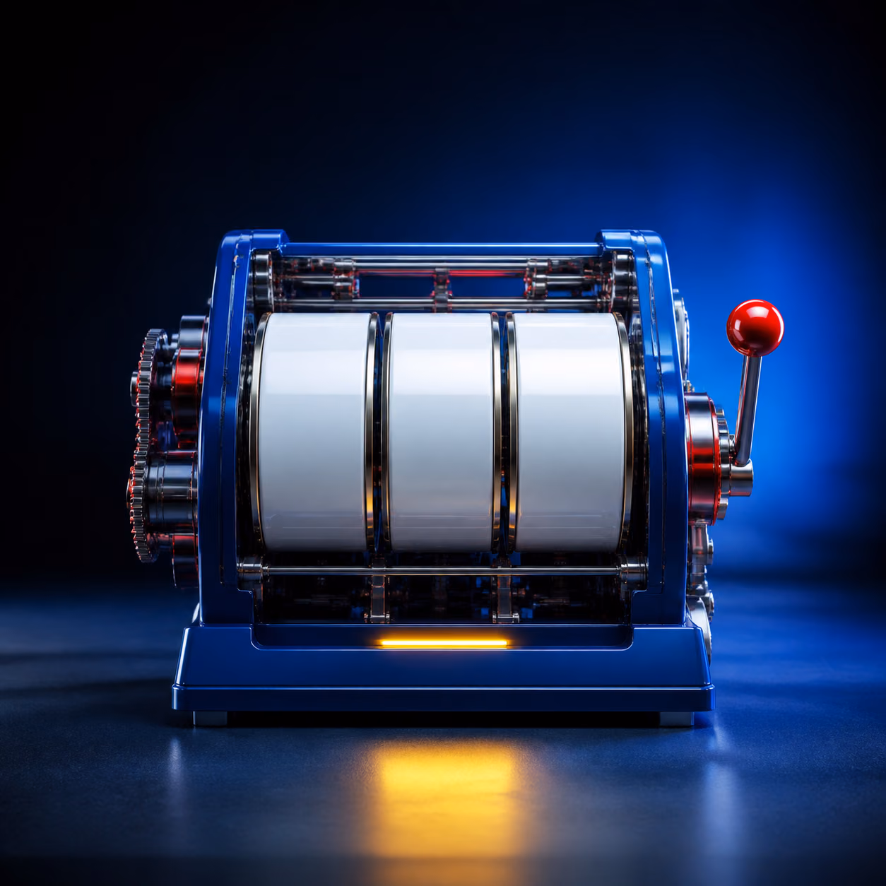 Abstrakte Spielautomaten-Mechanik mit Walzen und Chips ohne Zahlen